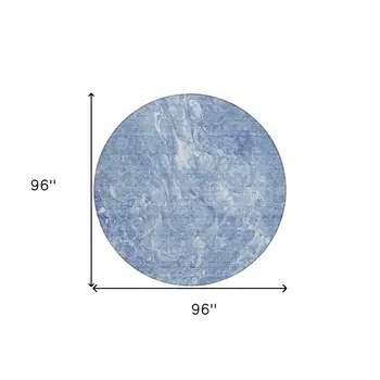 8' Sky Blue And Navy Blue Round Abstract Washable Indoor Outdoor Area Rug