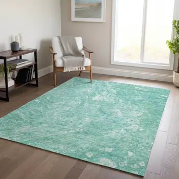 10' X 14' Teal Blue Aqua And Green Abstract Washable Indoor Outdoor Area Rug
