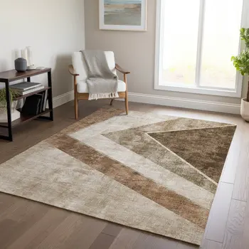 10' X 14' Brown And Beige Geometric Washable Indoor Outdoor Area Rug