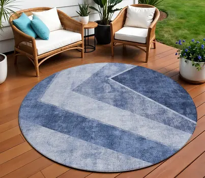 8' Navy Blue And Denim Blue Round Geometric Washable Indoor Outdoor Area Rug