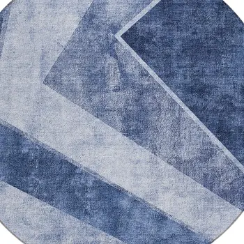 8' Navy Blue And Denim Blue Round Geometric Washable Indoor Outdoor Area Rug