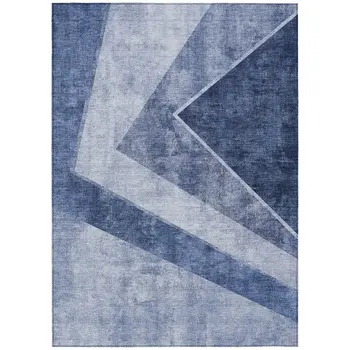 9' X 12' Navy Blue And Denim Blue Geometric Washable Indoor Outdoor Area Rug