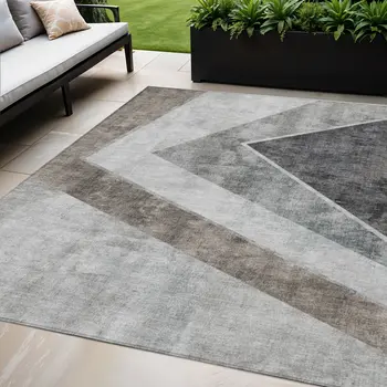 5' X 8' Gray Silver And Charcoal Geometric Washable Indoor Outdoor Area Rug