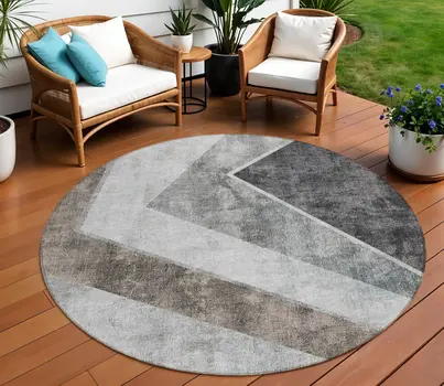 8' Gray Silver And Charcoal Round Geometric Washable Indoor Outdoor Area Rug