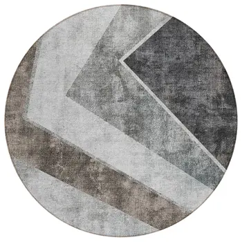 8' Gray Silver And Charcoal Round Geometric Washable Indoor Outdoor Area Rug