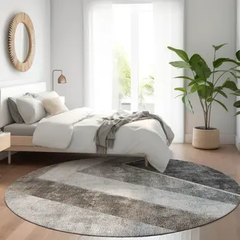 8' Gray Silver And Charcoal Round Geometric Washable Indoor Outdoor Area Rug