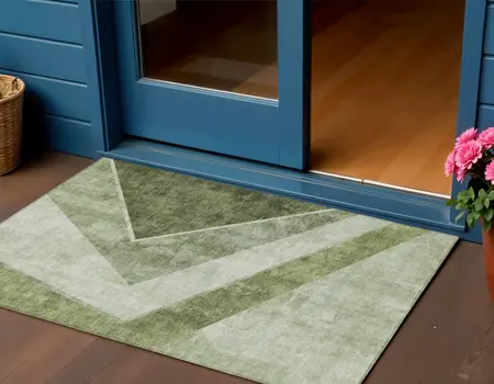 3' X 5' Olive Green And Artichoke Green Geometric Washable Indoor Outdoor Area Rug