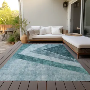 8' X 10' Teal Blue Aqua And Blue Geometric Washable Indoor Outdoor Area Rug