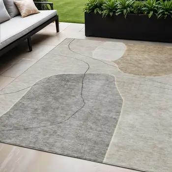 5' X 8' Beige Brown And Taupe Abstract Washable Indoor Outdoor Area Rug
