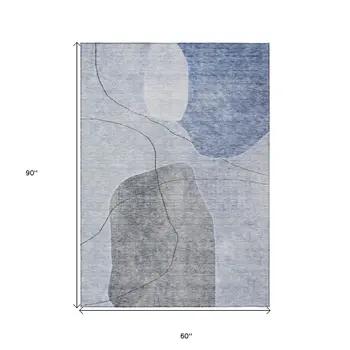 5' X 8' Denim Blue And Sky Blue Abstract Washable Indoor Outdoor Area Rug