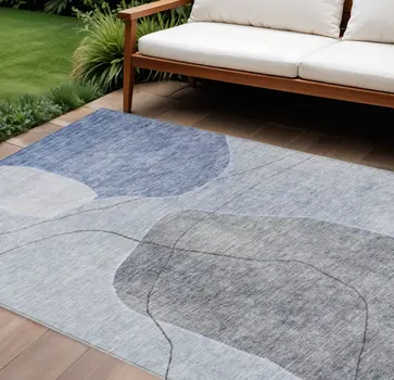 10' X 14' Denim Blue And Sky Blue Abstract Washable Indoor Outdoor Area Rug