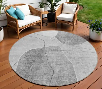 8' Gray Charcoal And Silver Round Abstract Washable Indoor Outdoor Area Rug