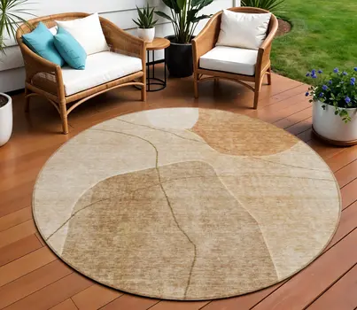 8' Orange Copper And Terra Cotta Round Abstract Washable Indoor Outdoor Area Rug
