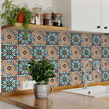 6" x 6" Blue Vinyl Arabesque Peel And Stick Removable Tiles