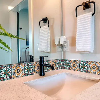 7" x 7" Blue Vinyl Arabesque Peel And Stick Removable Tiles