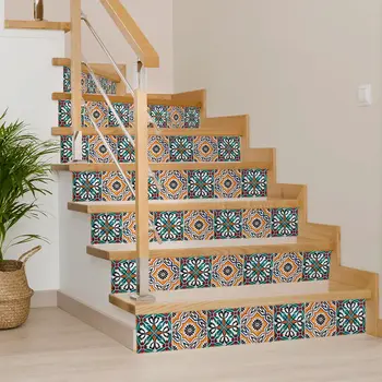 7" x 7" Blue Vinyl Arabesque Peel And Stick Removable Tiles