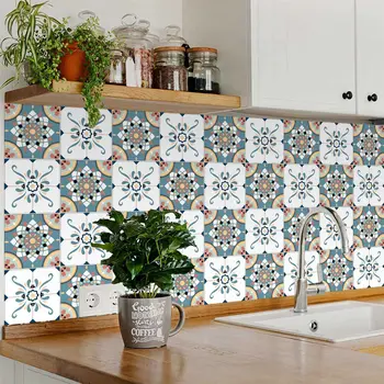 7" x 7" Teal Blue Vinyl Arabesque Peel And Stick Removable Tiles