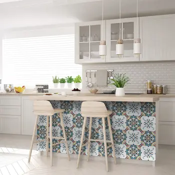 7" x 7" Teal Blue Vinyl Arabesque Peel And Stick Removable Tiles