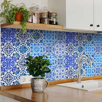 12" x 12" Blue Vinyl Arabesque Peel And Stick Removable Tiles