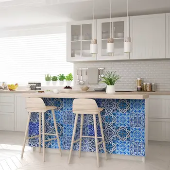 12" x 12" Blue Vinyl Arabesque Peel And Stick Removable Tiles