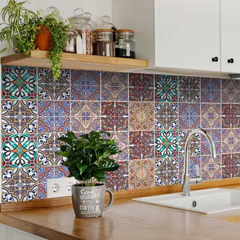 12" x 12" Teal Blue Vinyl Arabesque Peel And Stick Removable Tiles