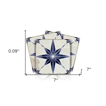 7" x 7" Blue Vinyl Arabesque Peel And Stick Removable Tiles