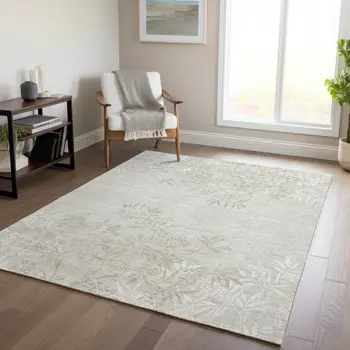 3' X 5' Beige Tan And Ivory Floral Washable Indoor Outdoor Area Rug
