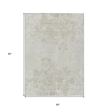 5' X 8' Beige Tan And Ivory Floral Washable Indoor Outdoor Area Rug