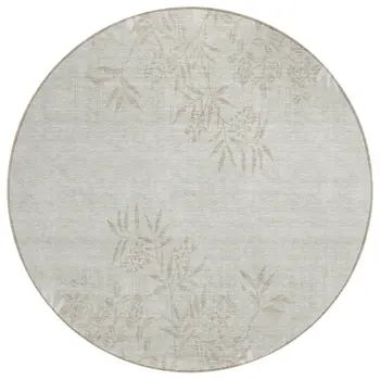 8' Beige Tan And Ivory Round Floral Washable Indoor Outdoor Area Rug