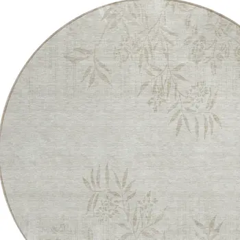 8' Beige Tan And Ivory Round Floral Washable Indoor Outdoor Area Rug