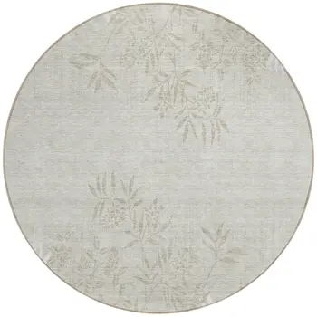 8' Beige Tan And Ivory Round Floral Washable Indoor Outdoor Area Rug