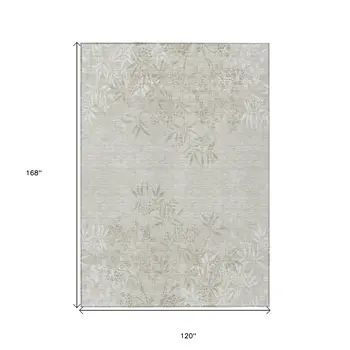 10' X 14' Beige Tan And Ivory Floral Washable Indoor Outdoor Area Rug
