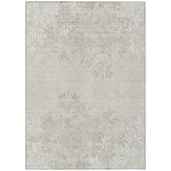 10' X 14' Beige Tan And Ivory Floral Washable Indoor Outdoor Area Rug