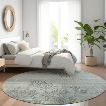 8' Gray Charcoal And Gold Round Floral Washable Indoor Outdoor Area Rug
