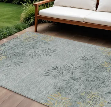 8' X 10' Gray Charcoal And Gold Floral Washable Indoor Outdoor Area Rug