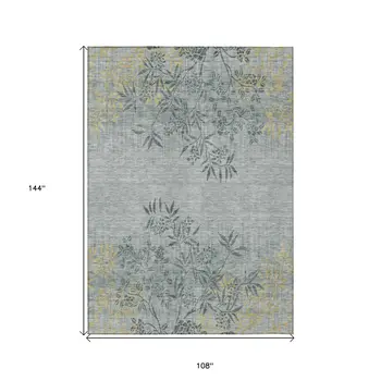 9' X 12' Gray Charcoal And Gold Floral Washable Indoor Outdoor Area Rug