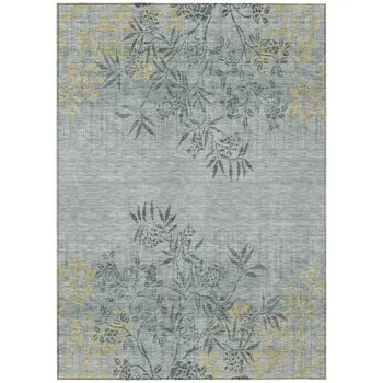 9' X 12' Gray Charcoal And Gold Floral Washable Indoor Outdoor Area Rug