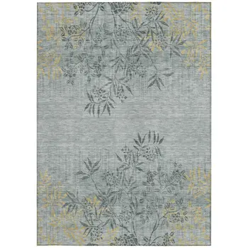 9' X 12' Gray Charcoal And Gold Floral Washable Indoor Outdoor Area Rug