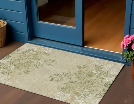 3' X 5' Khaki Ivory And Green Floral Washable Indoor Outdoor Area Rug
