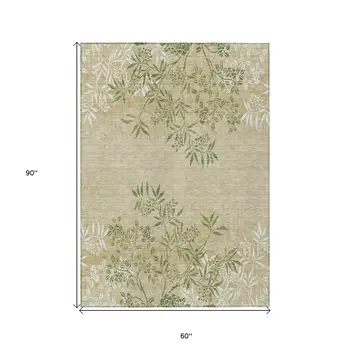 5' X 8' Khaki Ivory And Green Floral Washable Indoor Outdoor Area Rug