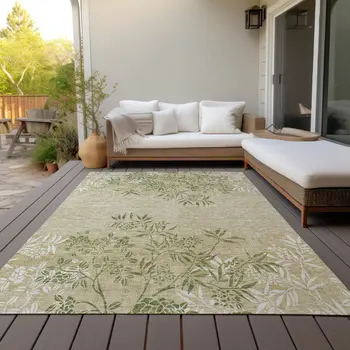 5' X 8' Khaki Ivory And Green Floral Washable Indoor Outdoor Area Rug