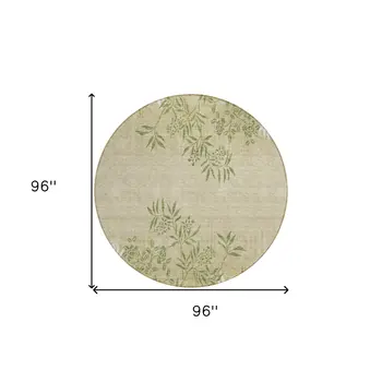 8' Khaki Ivory And Green Round Floral Washable Indoor Outdoor Area Rug