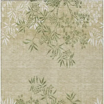 9' X 12' Khaki Ivory And Green Floral Washable Indoor Outdoor Area Rug