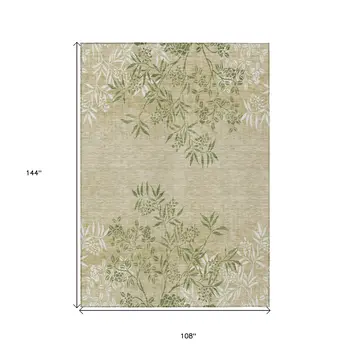 9' X 12' Khaki Ivory And Green Floral Washable Indoor Outdoor Area Rug