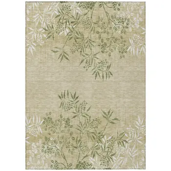 9' X 12' Khaki Ivory And Green Floral Washable Indoor Outdoor Area Rug