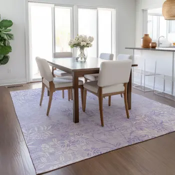 5' X 8' Lilac Purple And Ivory Floral Washable Indoor Outdoor Area Rug