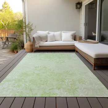9' X 12' Mint Green Artichoke Green And Ivory Floral Washable Indoor Outdoor Area Rug