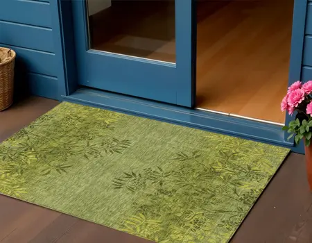 3' X 5' Olive Green And Fern Green Floral Washable Indoor Outdoor Area Rug