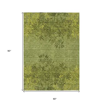 5' X 8' Olive Green And Fern Green Floral Washable Indoor Outdoor Area Rug