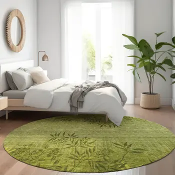 8' Olive Green And Fern Green Round Floral Washable Indoor Outdoor Area Rug